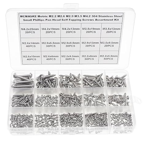 Metric M2.2 M2.6 M2.9 M3.5 M4.2 304 Stainless Steel Phillips Pan Head Self-Tapping Screws Assortment Kit