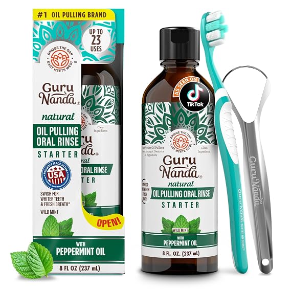 GuruNanda Starter Coconut Oil Pulling Mouthwash with Peppermint Oil, 8oz | With Toothbrush & Tongue Scraper|Fluoride & Alcohol Free Mouthwash|Fresh Breath, Healthy Gum|For Oil Pulling Beginner
