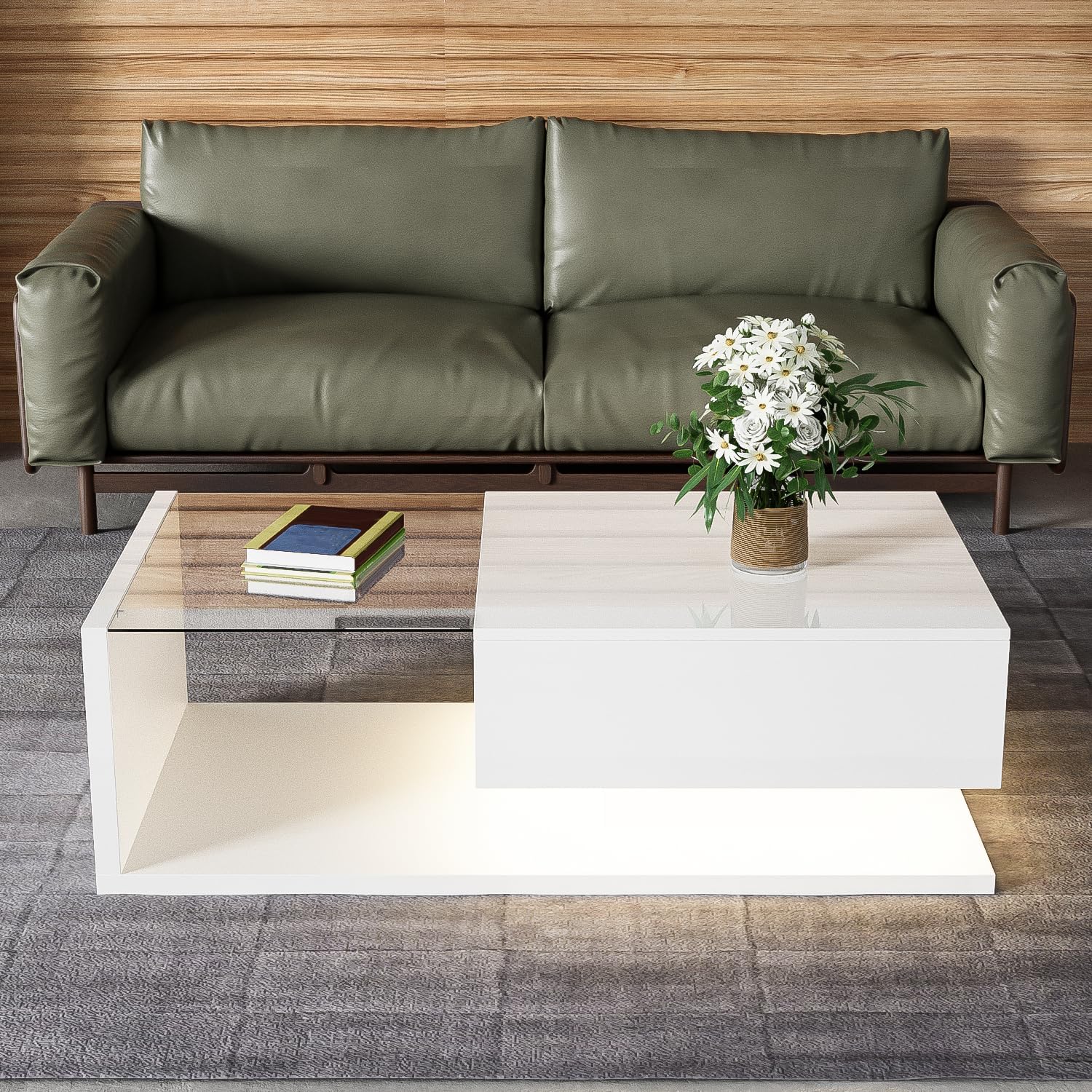 LED Coffee Table with Storage, White High Gloss Coffee Tables for Living Room with Glass and RGB LED Lights, Rectangle Centre Tea Table with Drawer For Home Office Furniture, 105 x 55 x 32.5 cm