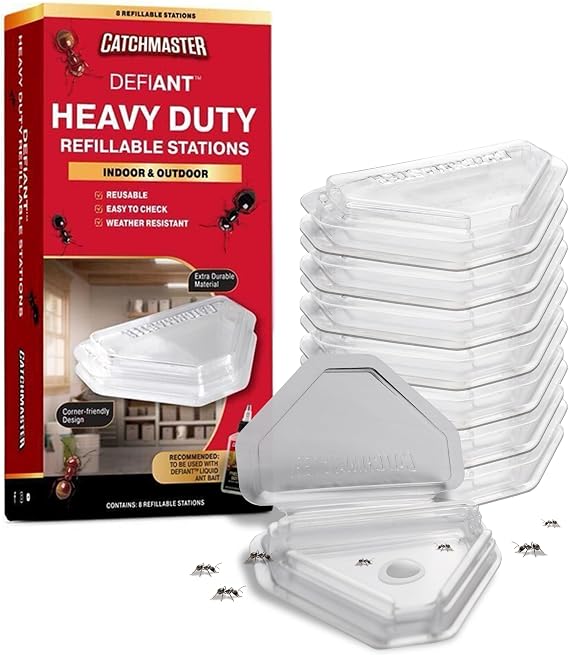 Catchmaster Defiant Heavy Duty Indoor & Outdoor Ant Traps (8 Pack), Bait NOT Included Reusable Bait Stations that Hold Liquid Ant Killer No Mess, Discreet Bait Stations for Pest Control