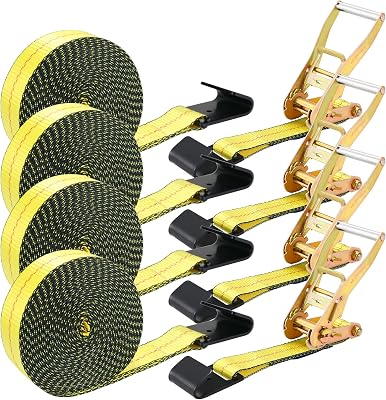 TLGREEN 4 Pack 2 in x 27 FT Flat Hook Ratchet Straps 11,000 lbs Break Strength, Heavy Duty Tie Down Straps for Trucks Yellow