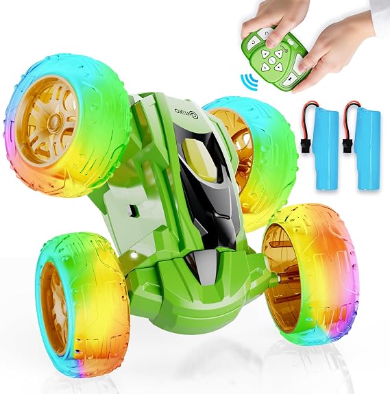 Contixo SC3A Toy Remote Control Car for Kids with Double-Sided 360 Rotating Stunt, 4WD Off-Road RC Cars with LED Lights, Birthday for Boys and Girls Ages 4 5 6 7 - Green