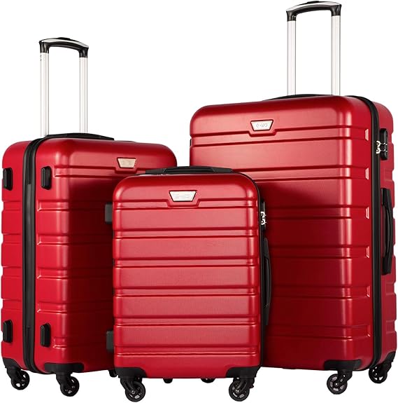 Coolife Luggage 3 Piece Set, Lightweight Durable Hardshell Suitcase set with 360 Spinner Wheels, TSA-approved Lock, Checked Family Travel Luggage sets, 20/24/28 Inch, Red