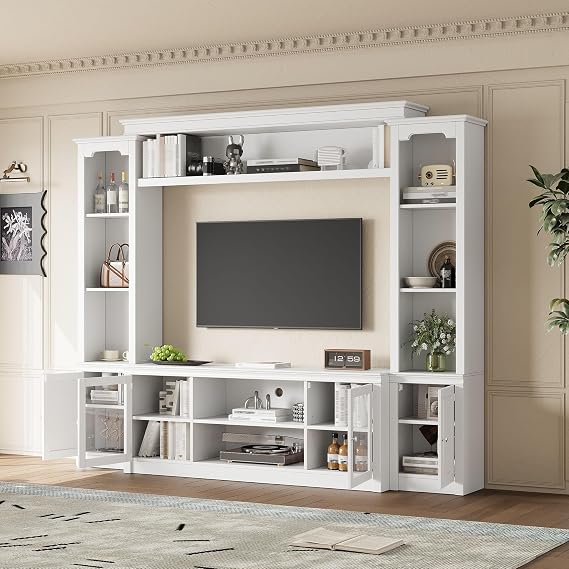 95.28" Wall Unit TV Stand with Storage for TVs Up to 65 Inch, 4-Piece Modern Entertainment Center with Bookcase, 4 Adjustable Shelves, Tempered Glass Doors for Living Room, White