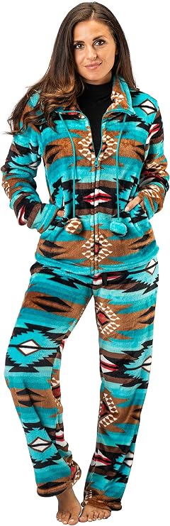 TrailCrest Womens Fleece Comfy Aztec Lounge Set, Long Sleeve 2 Piece Velour Quarter Zip Top and Pants
