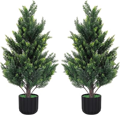 3Ft Artificial Cedar Topiary Trees,2 Pack Tall Faux Pine Cypress Plants for Front Porch Decor,Realistic Fake Plants Tree UV Resistant Artificial Plants for Home Garden Offices