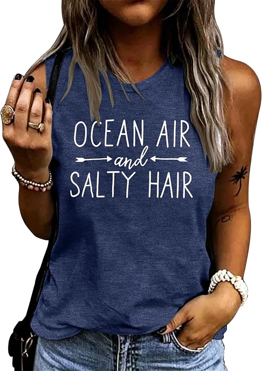 BANGELY Beach Tanks Women Beach Shirts Ocean Air and Salty Hair Tank Funny Cruise Summer Sleeveless Family Vacation Vest Top