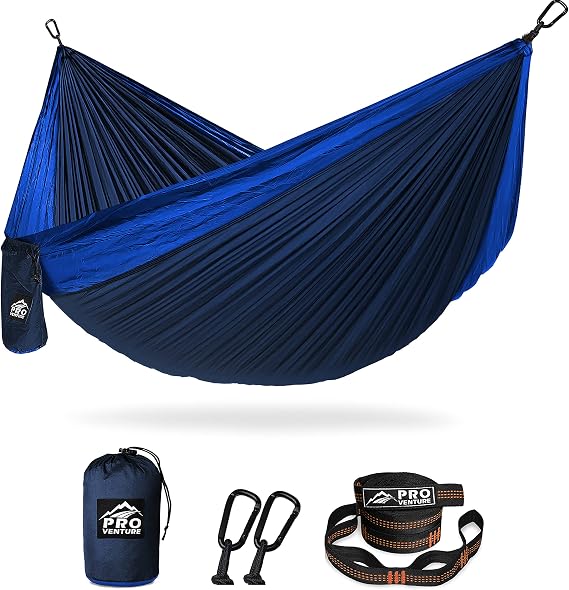 Pro Venture Double Camping Hammock - 10.5 x 6.5 FT (9ft Tree Straps, 2 Carabiners) - 2 Person, Portable, Lightweight Parachute Nylon 210T Hammocks - for Backpacking, Travel, Hiking, Patio (Double)...