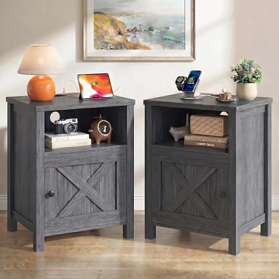Marsail Farmhouse Nightstand Set of 2, Wood Bedside Table with Charging Station, Night Stand with Shelf and Doors, End Table with Storage Side Table for Bedroom, Dark Grey