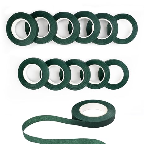 DF DUALFERV 12 Rolls Dark Green Floral Tape Stem Wrap, 1/2" Wide Flower Tape for Bouquets, 30 Yards Floral Tape for Fresh Flowers for Flower Arranging, Wreath Making, Wedding Bouquets