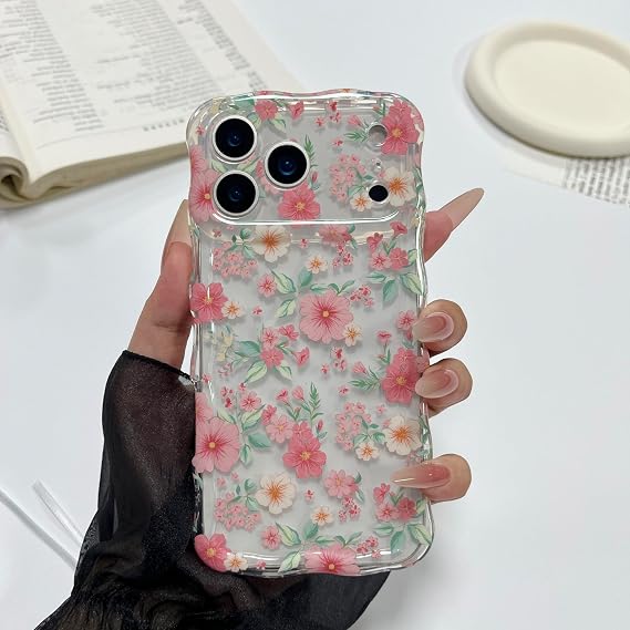 RALEAVO for iPhone 17 Pro Flower Phone Case, Cute Wavy Floral Cover, Pink