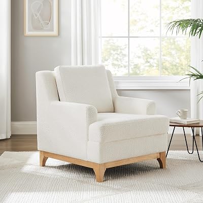 VANOMi Oversized Accent Chair, Modern Boucle Armchair with Wood Legs, Modern Reading Chair with Thick Cushion, Comfy Chairs for Living Rooms, Bedrooms, Reading nooks and Apartments