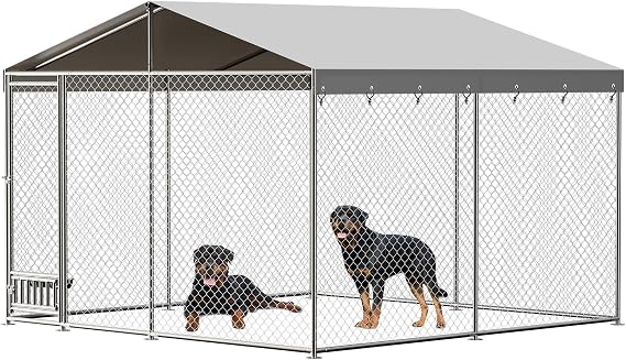 Large Outdoor Dog Kennel,10 X 10FT Metal Outdoor Dog Kennel,Heavy Duty Dog Cage with Roof,Dog Kennel Galvanized Iron Dog House with Safety Locks,UV & Water Resistant Proof Cover