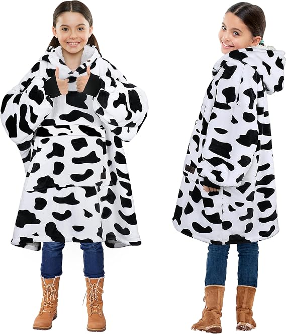 Solaris Oversized Wearable Blanket Hoodie for Kids, Warm Soft Cow Print Kids Gift, Super Cozy Sherpa Fleece Hoodie Sweatshirt Pullover for Teens, Girls, Boy
