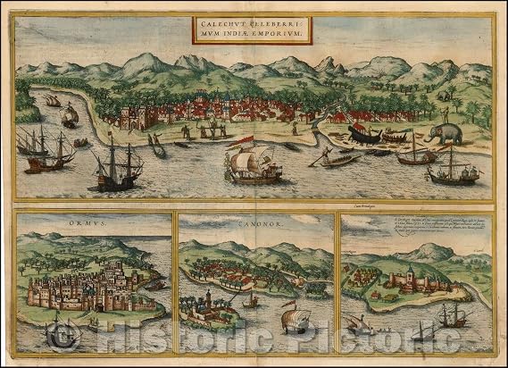 Historic Map - Calechut Celeberrimum Indiae Emporium/Ormus/Canonor/Group of 4 City Views, Africa to The Trading Regions of East, 1572, Georg Braun - Vintage Wall Art 61in x 44in