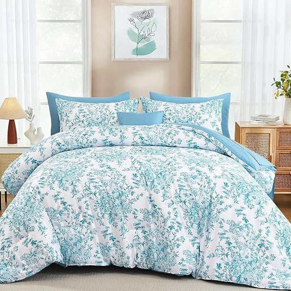 King Size Comforter Set 8 Pieces Aqua Floral Bed in a Bag Comforter Sets