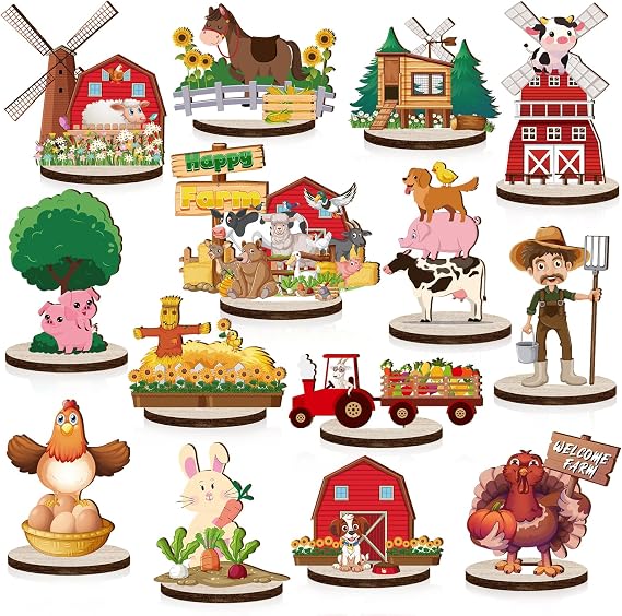 14Pcs Farm Animals Wood Table Centerpieces Creatures Cutout Shapes Toppers for Baby Shower Decorations Wooden Barnyard Animal Birthday Fall Party Supplies