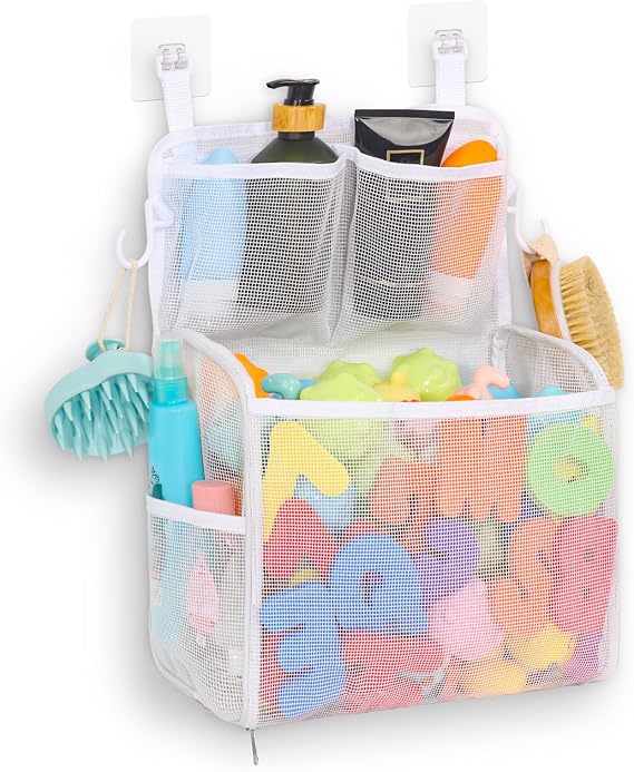 Goowin Bath Toy Storage Holder, Large Openings Bath Toy Organizer, Large Capacity Mesh Bathtub Toy Storage, Multi Use Bath Tub Toy Holder for Bathroom (White)