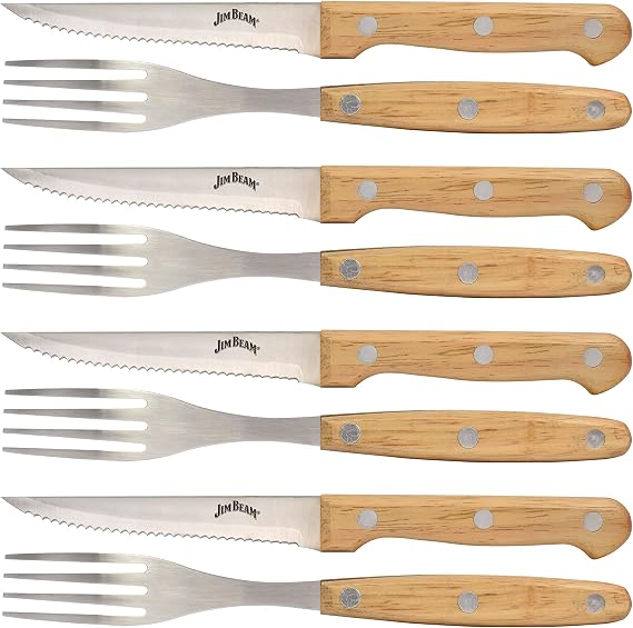 Jim Beam 8-Piece Steak Knife & Fork Set, Stainless Steel Blade, Light Brown