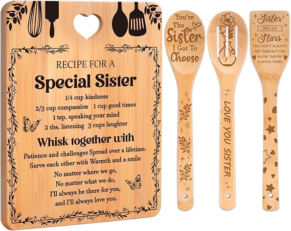Sister Birthday Gifts - "Recipe for a Special Sister" Sister Gifts from Sister Cutting Board Set, Bamboo-Made Engraved Utensil Set Sister Gifts from Sister, Mothers Day Gifts for Sister