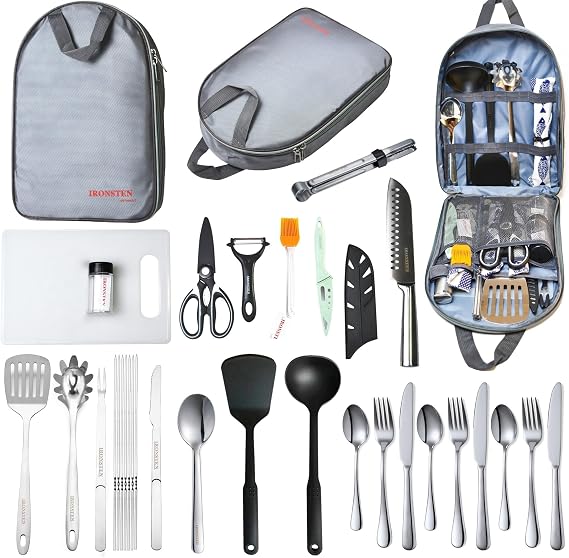 Camping Cooking Utensils Set Camp Kitchen Equipment Portable Picnic Cookware Kit Bag Campfire Grill Utensil Gear Essentials Gadgets Accessories for RV Car, Tent Campers, Outdoor Picnics BBQ