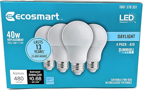 EcoSmart 40W Equivalent Daylight A19 Energy Star + Dimmable LED Light Bulb (4-Pack)