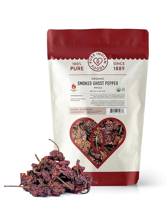 Organic Ghost Pepper (Smoked Bhut Jolokia) - 1.8 oz Whole in Resealable Bag, Non-GMO, Whole30 Approved, Non-Irradiated, 100% Pure Chili Pepper