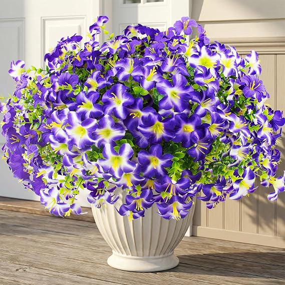 Daynight 16Pcs Artificial Petunias Flowers for Outdoors, UV Resistant Fake Petunias Plants Realistic Silk Faux Flowers for Porch Front Door Garden Window Outside Decor (16, Purple)