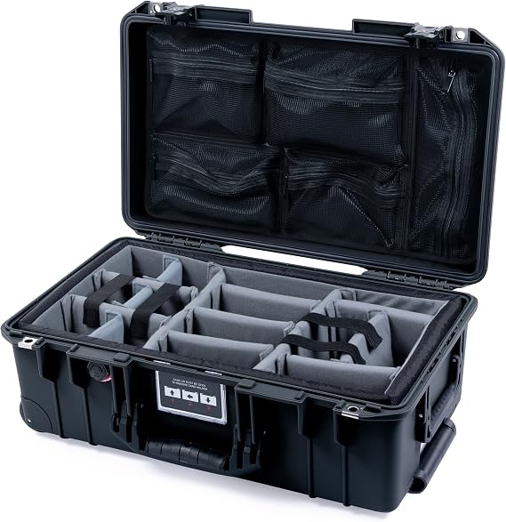 Black Pelican Air 1535 Carry-on Case - With Grey Padded Dividers & Mesh Lid Organizer - Black Handles & TSA Locking Latches.