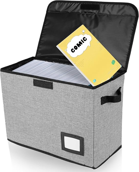 Comic Book Storage Box 15.74x7.87x11.8 inch Foldable Comic Book Bin Washable Integrated Comic Book Organizer Box with Lid Comic Book Display with Handle for Wardrobe, Closet, Shelf, Office (Grey)