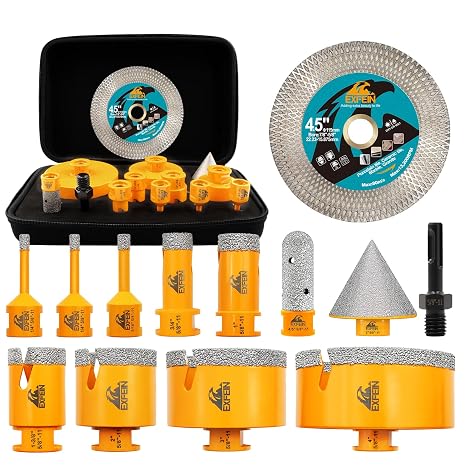 Tile Hole Saw Kit 13pcs - 6/6/8/19/25/35/50/75/102mm Diamond Core Drill Bits, 4/5 Inch Milling Bit + 2 Inch Chamfer Bit + Adapter + 4.5 Inch Grinding & Cutting Disc for Tile Marble Granite