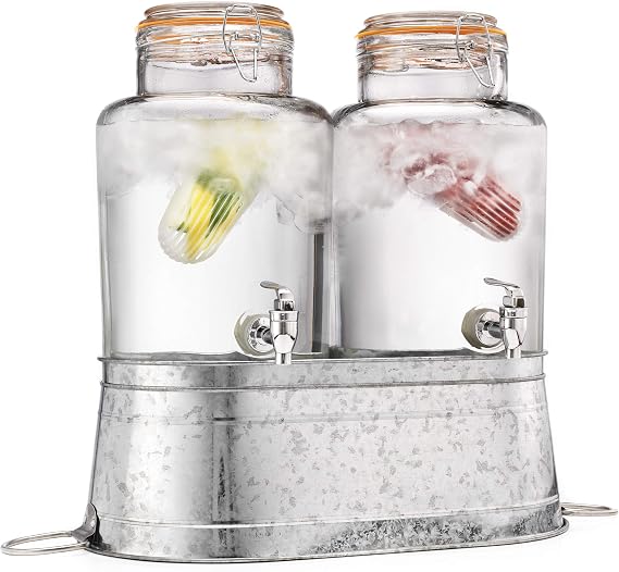 Classic Home Two (2) 1 Gallon Each Quality Ice Cold Clear Glass Jug Beverage Dispensers Hermetic Seal Galvanized Stand Display