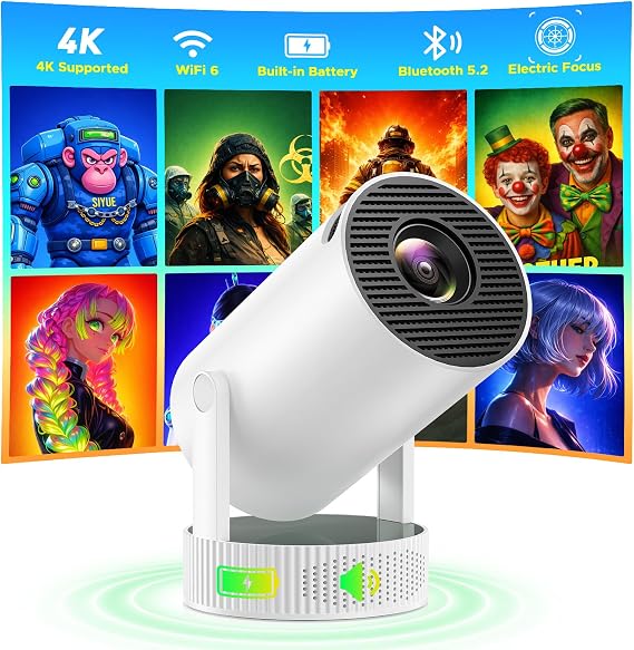 Mini Projector with Built-in Rechargeable Battery for Outdoor, Portable Projector with WiFi and Bluetooth, 4K Projector for Bedroom, Smart Projector