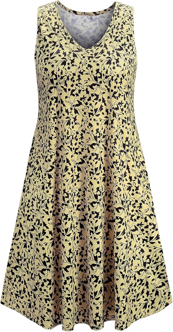 Ivicoer Women's Summer Beach Dresses V-Neck Floral Printed Tank Swing Dress Plus Size with Pocket(L-5XL)