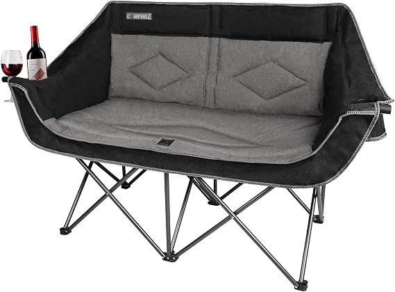 Oversized Double Camping Chair-Heavy Duty 2 Person Folding Loveseat Camp Couch for Adults,Portable Outdoor Lawn Chairs with Padded Seat for Fishing,Sports and Patio,Supports 500 LBS,Black
