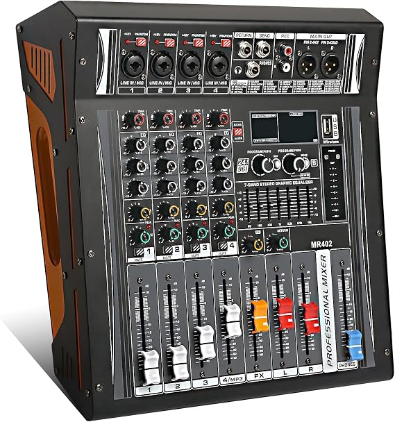 4 Channel Mixer and Amplifier Sounds Mixing Board, Pa Mixers Music 4Ohm 2 * 300W Powered Mixer Amplifier Dj Mixers Audio Mixer Usb with 99 Kinds of DPS Digital Effects