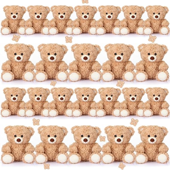 Silipull 24 Pcs 8 Inch Bear Stuffed Animal Bulk Small Brown Stuffed Bear Plush Toys Bulk Party Favors for Baby Shower Decorations Centerpieces Birthday Party Gifts