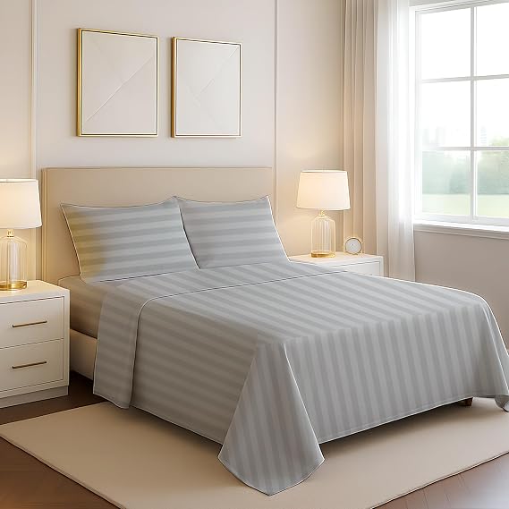Mayfair Linen Egyptian Cotton King Sheets - Luxury 1200 Series High Thread Count Bed Sheets (4 PC, Silver - Stripe), Silky Soft, Cooling & Breathable, Sateen, 17" Deep Pocket Hotel Quality Bedding