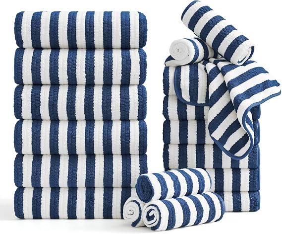 Smuge 18 Pcs Bath Towel Set, Include 6 Bath Towel Sheets, 6 Hand Towels and 6 Washcloths - Highly Absorbent Quick Dry Microfiber,Ultra Soft Bathroom Towel Set with Hanging Loop - Blueberry