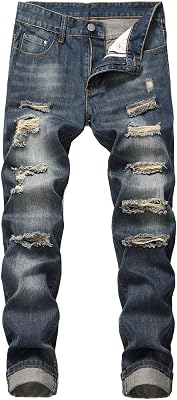 Mens Blue Slim Fit Jeans Stretch Destroyed Ripped Skinny Jeans Side Striped Denim PantsDB-36