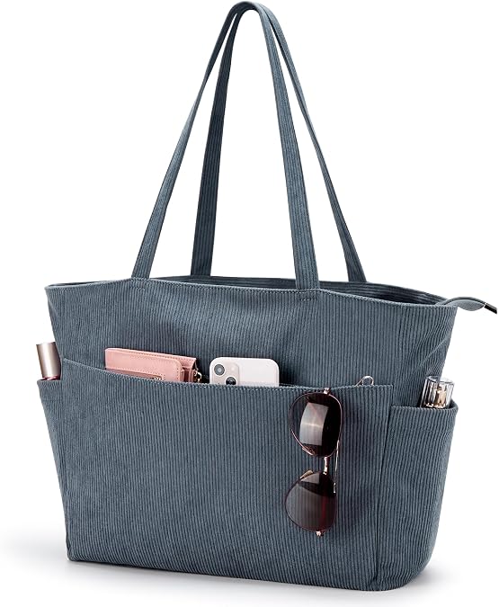 Corduroy Tote Bag School Bag Handbags for Women With Zipper & Multi-Pocket