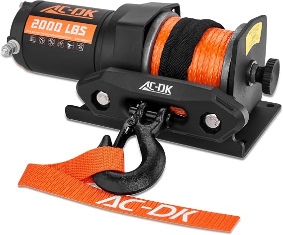 12V 2000-lb. ATV/UTV Electric Winch, Off-Road Synthetic Rope Winch for Trailer Boat RV Towing Winches, ATV/UTV Winch with Big Yellow Wired Remote and Winch Mounting Plate