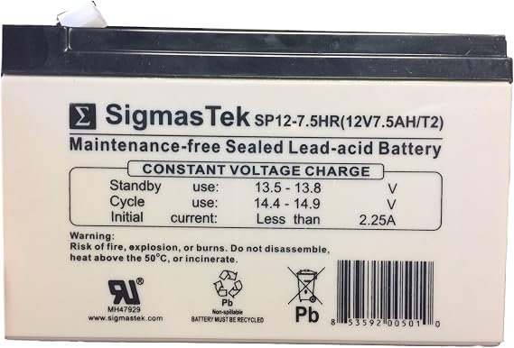 SigmasTek SP12-7.5HR - 12V 7.5AH F2 SLA Battery - Replaces: UB1270-F2, UB1280-F2 (D5779), APC CURK2, SC420, SUVS420, SU420NET, SU360SX, CP36U52, CP24U12D, CPS550SL, CPS500SL, 650SL