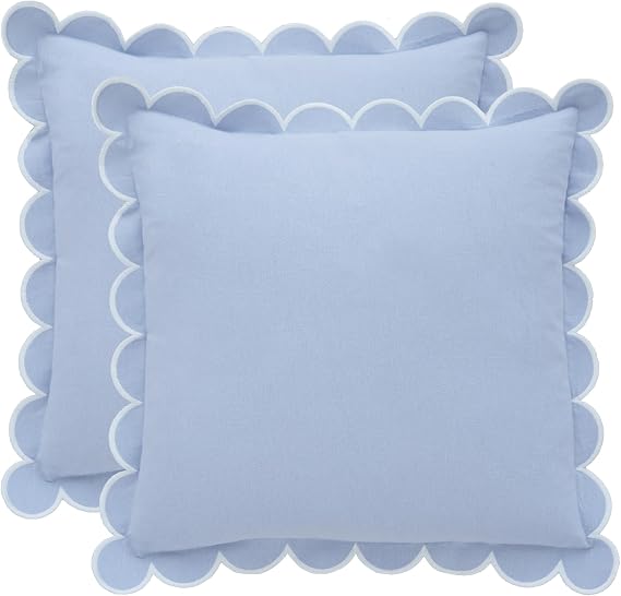 BEBE BASK Scalloped Pillow Cover Set of 2, 18x18, Cotton - Sky Blue/White