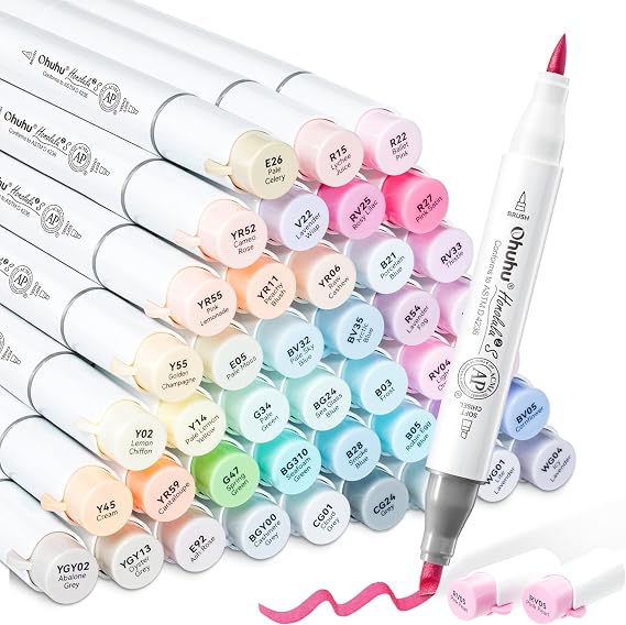 Ohuhu Alcohol Markers 48 Pastel Colors Brush Soft Chisel for Adult Coloring