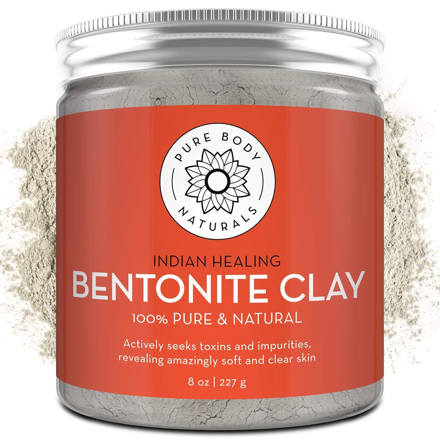Pure Body Naturals Bentonite Clay Powder for DIY Detox Body & Face Mask, Pure Indian Healing Clay for Deep Pore Cleansing and Armpit Detox for Women, 8.0 oz