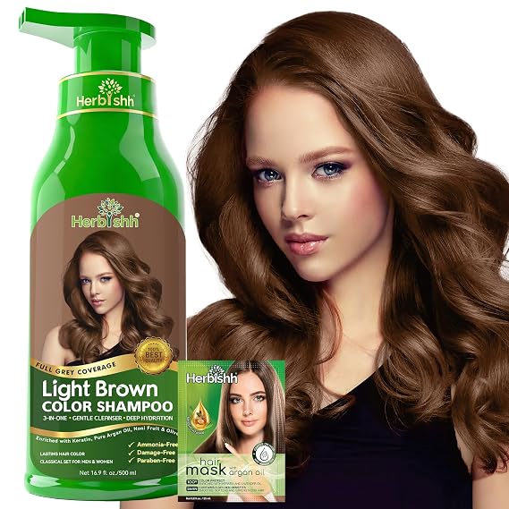 Herbishh Light Brown Hair Dye Shampoo for Gray Hair Coverage 500ml