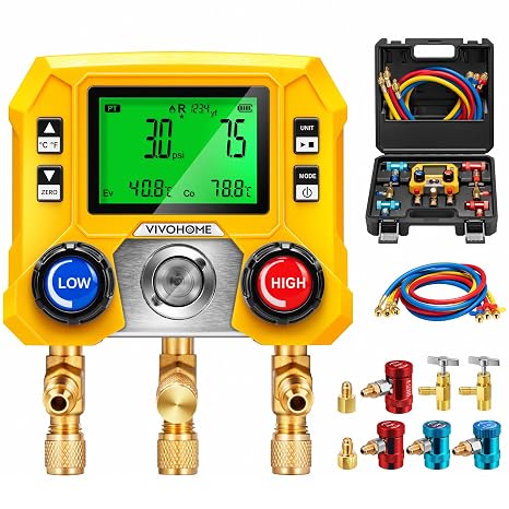 VIVOHOME Digital HVAC Manifold Gauge Set with R134a R1234yf Quick Couplers | Refrigeration Car AC Gauges with Can Taps and 3 Hoses for R134a R410a R32 R1234yf R454B Refrigerant Recharge Kit