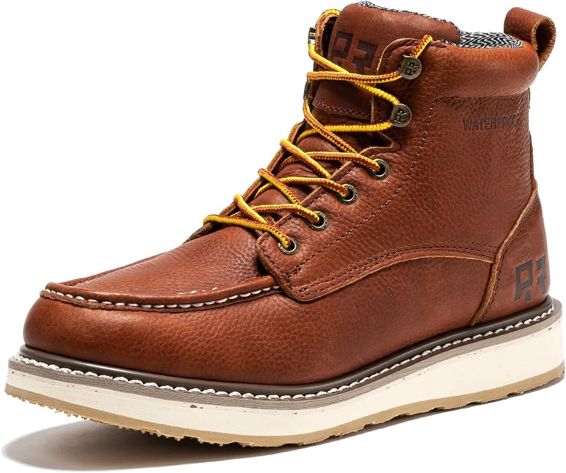 ROCKROOSTER Walker Waterproof Work Boots for Men, 6" Soft Toe Comfortable Boot, Rubber Wedge Sole Shoes, Arch Support Anti-Fatigue Boot, Leather Insulated Safety Boots, Electric Hazard
