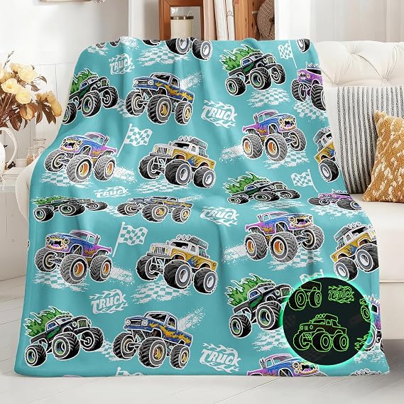 Truck Glow in The Dark Blanket Truck Toys Gifts for Kids Boys Girls Teens Age 1-16 Years Old Child Birthday Christmas Halloween Excavator Construction Tractor Car Throw Bedroom Decor Blue 50"x 60"